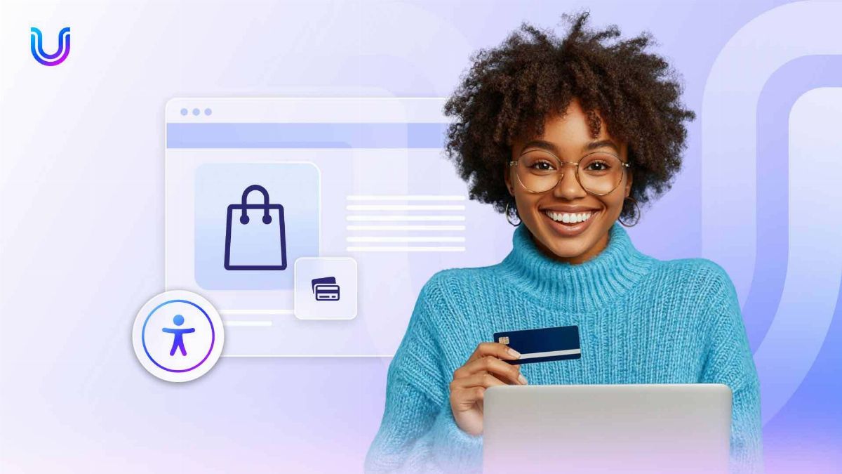 A smiling shopper paying online with a card